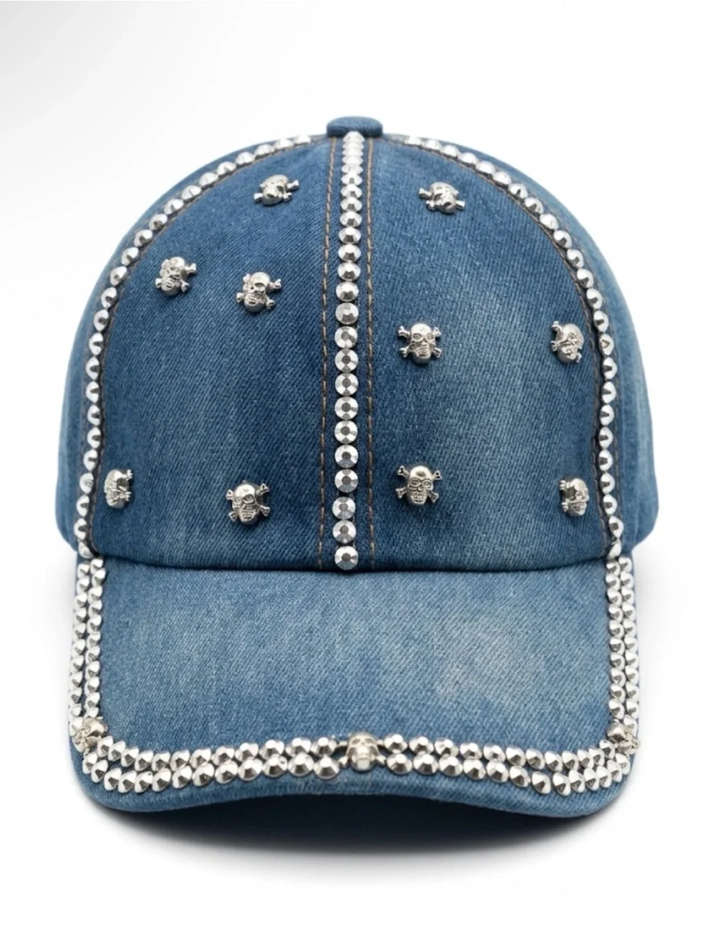 OLIVIA & KATE Denim Bling Baseball Hat Silver Rhinestone Skull Studs NWT
